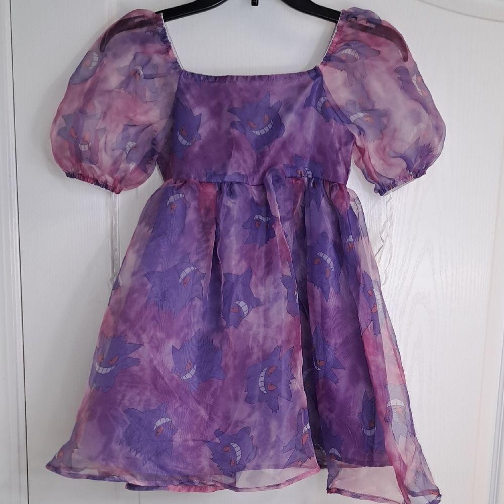 Purple and Pink Sheer Pokemon Gengar Dress with Puff Sleeves